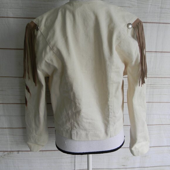 WANTED BY BEADS BEAUTIFUL VTG IVORY OPEN WESTERN RODEO FRINGE BUTTON JACKET S - Picture 4 of 7